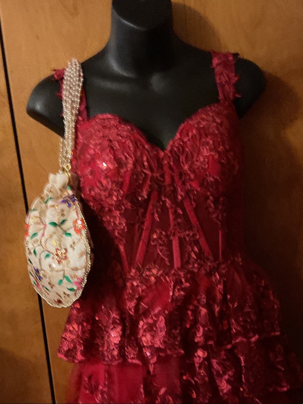 Red Lace & Sequins Prom Dress with Embellished Bodice
